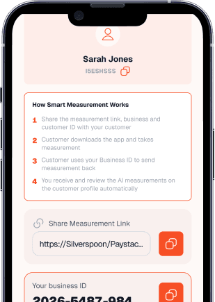The fashion designer shares the smart body measurement link with a customer, starting the AI-powered measurement process remotely through Silver Spoon.